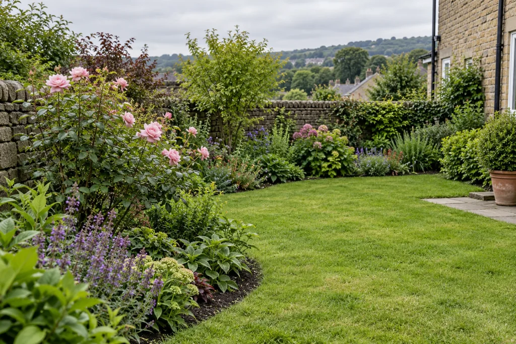 A maintained Wrose garden with a natural lawn, flowering border and stone boundary wall.
