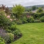 A maintained Wrose garden with a natural lawn, flowering border and stone boundary wall.