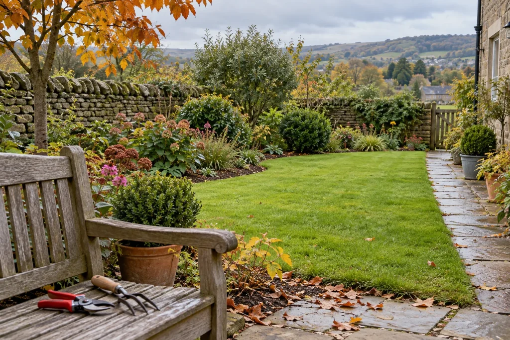 A tidy lawn, seasonal border, mulched shrubs and garden tools in a modest West Yorkshire garden.